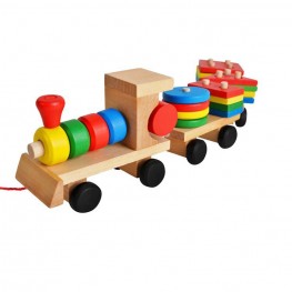 Trenuleț din lemn cu vagoane și forme geometrice colorate