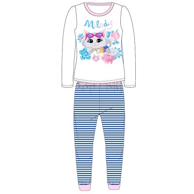 Pijamale fete cu pisici, alb cu albastru